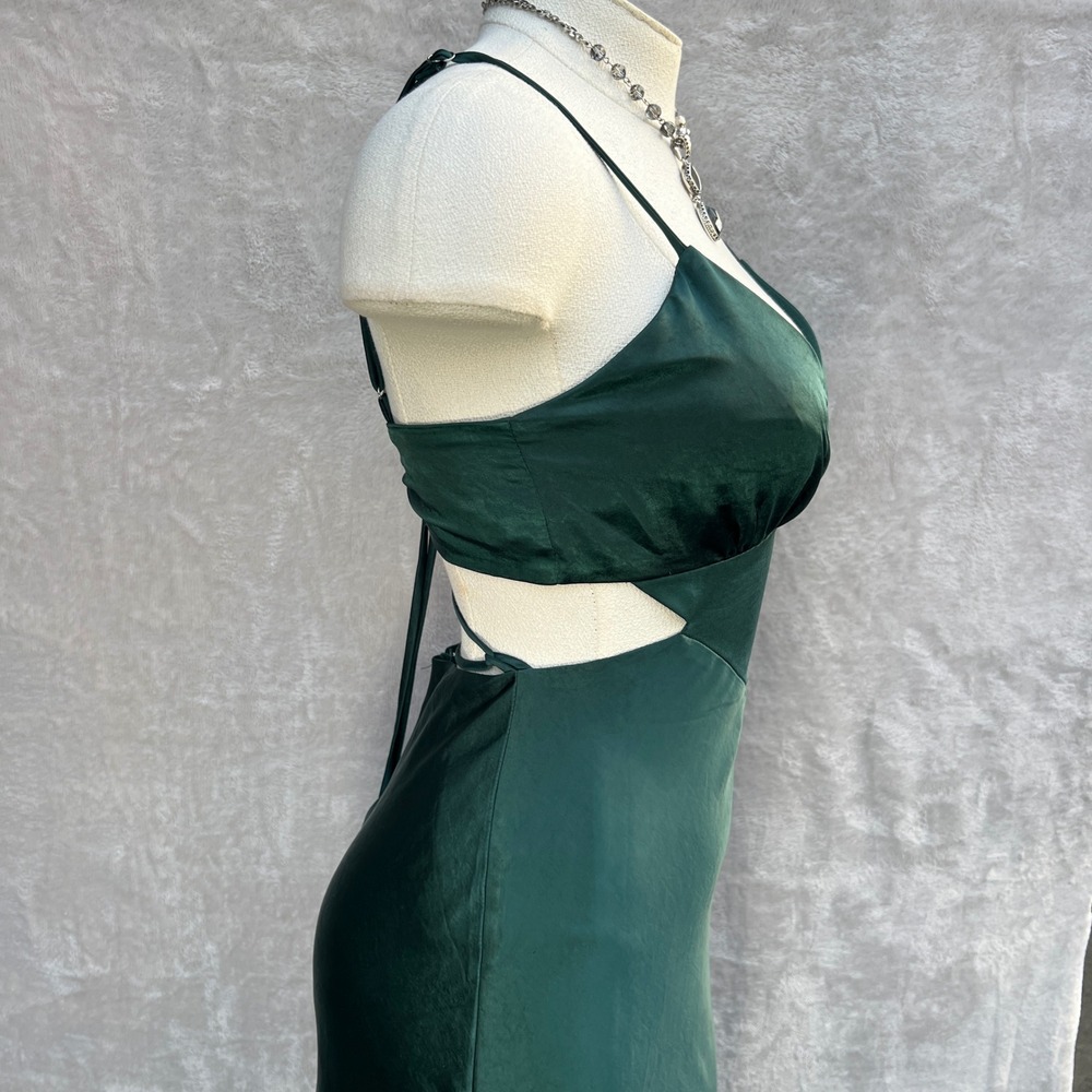 Here Comes The Sun Emerald Green Satin Midi Slip Dress Size S Cutout Cocktail - Picture 6 of 16